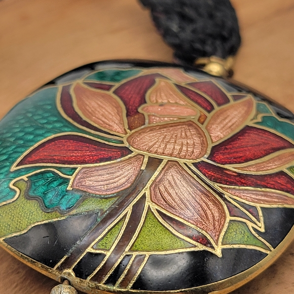 Lotus Flower Cloisonné Pendant Necklace with Black Tassel - Picture 5 of 7
